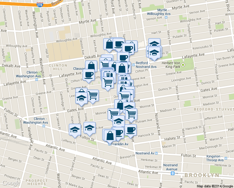map of restaurants, bars, coffee shops, grocery stores, and more near 128 Quincy Street in Brooklyn
