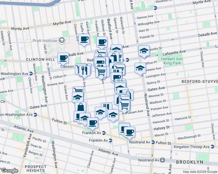 map of restaurants, bars, coffee shops, grocery stores, and more near 128 Quincy Street in Brooklyn