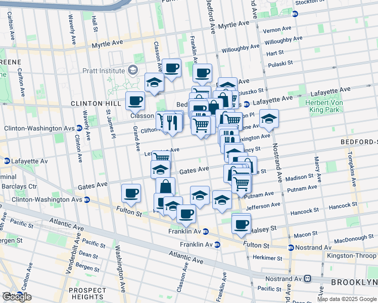 map of restaurants, bars, coffee shops, grocery stores, and more near 94 Quincy Street in Brooklyn