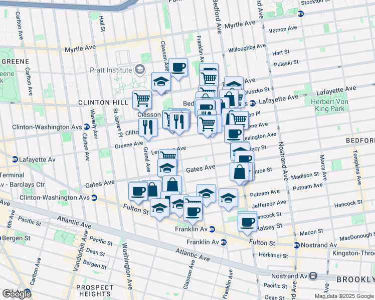 map of restaurants, bars, coffee shops, grocery stores, and more near 46 Quincy Street in Brooklyn