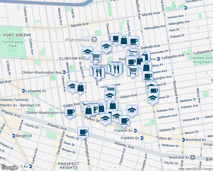 map of restaurants, bars, coffee shops, grocery stores, and more near 25 Quincy Street in Brooklyn