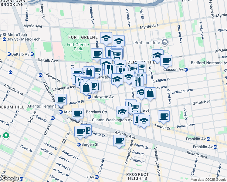 map of restaurants, bars, coffee shops, grocery stores, and more near 72 Greene Avenue in Brooklyn