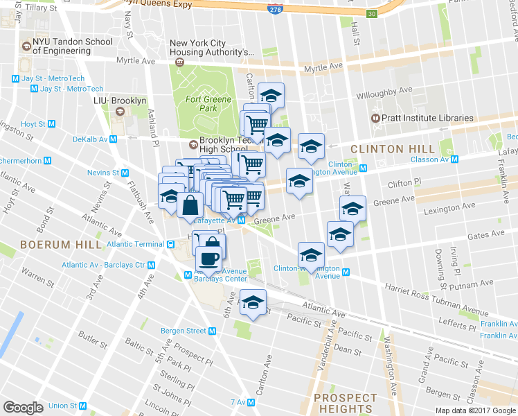 map of restaurants, bars, coffee shops, grocery stores, and more near 19 Greene Avenue in Brooklyn