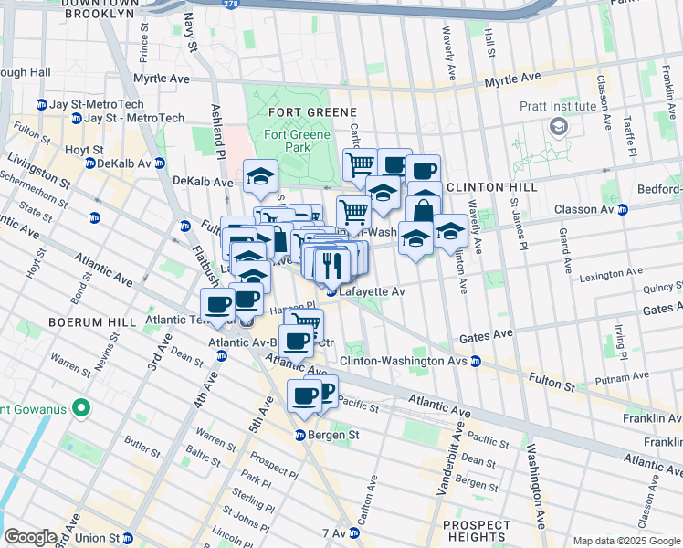 map of restaurants, bars, coffee shops, grocery stores, and more near 19 Greene Avenue in Brooklyn