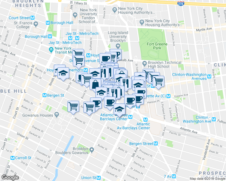 map of restaurants, bars, coffee shops, grocery stores, and more near 489 Atlantic Avenue in Brooklyn