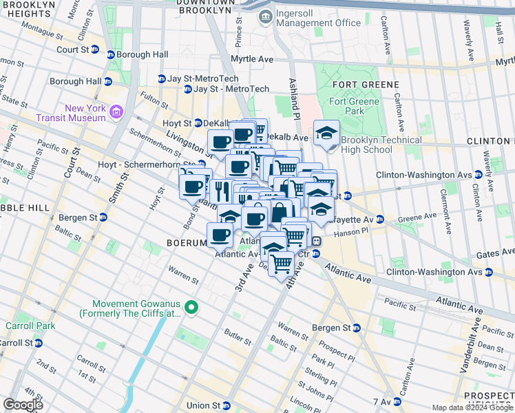 map of restaurants, bars, coffee shops, grocery stores, and more near 489 Atlantic Avenue in Brooklyn