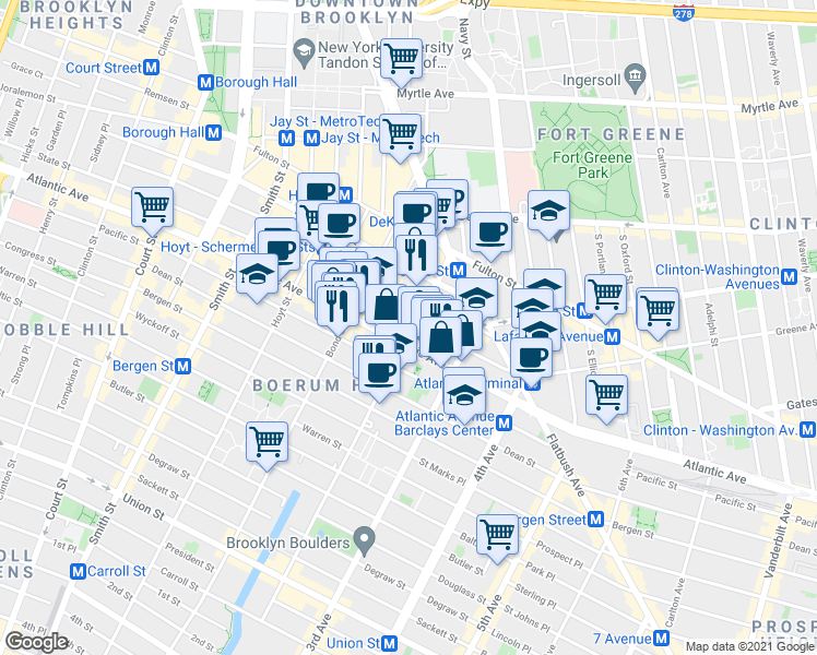 map of restaurants, bars, coffee shops, grocery stores, and more near 460 Atlantic Avenue in Brooklyn