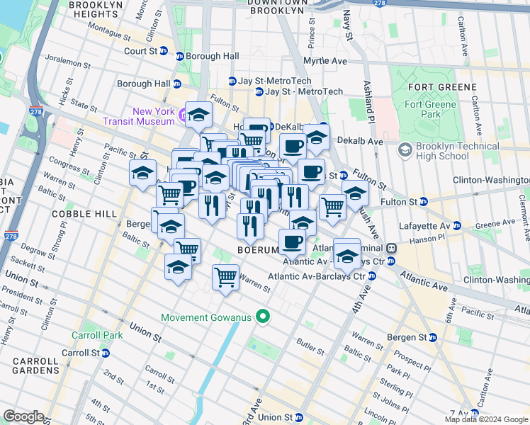 map of restaurants, bars, coffee shops, grocery stores, and more near 191 Dean Street in Brooklyn
