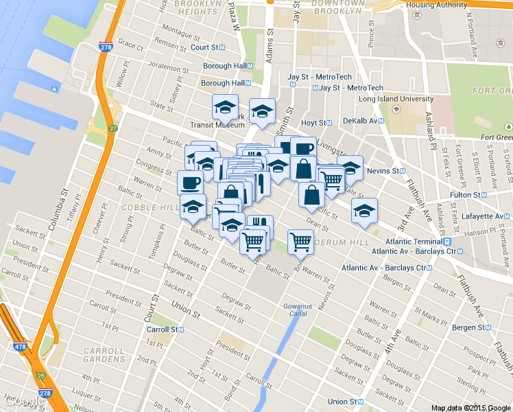 map of restaurants, bars, coffee shops, grocery stores, and more near 128 Bergen Street in Brooklyn