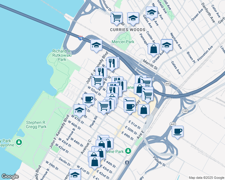 map of restaurants, bars, coffee shops, grocery stores, and more near 84 West 53rd Street in Bayonne