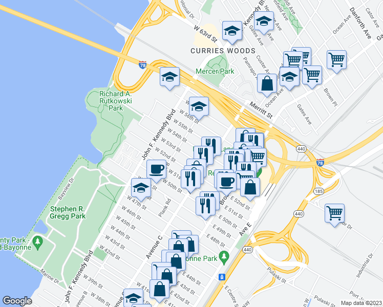 map of restaurants, bars, coffee shops, grocery stores, and more near 84 West 53rd Street in Bayonne