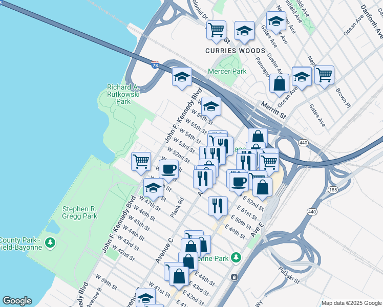 map of restaurants, bars, coffee shops, grocery stores, and more near 108 1/2 West 52nd Street in Bayonne