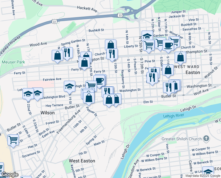 map of restaurants, bars, coffee shops, grocery stores, and more near 1522 Washington Street in Easton