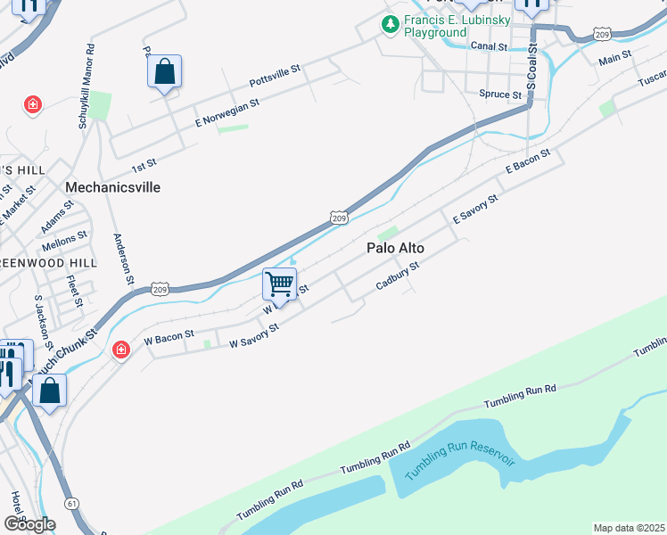 map of restaurants, bars, coffee shops, grocery stores, and more near 3 West Bacon Street in Pottsville
