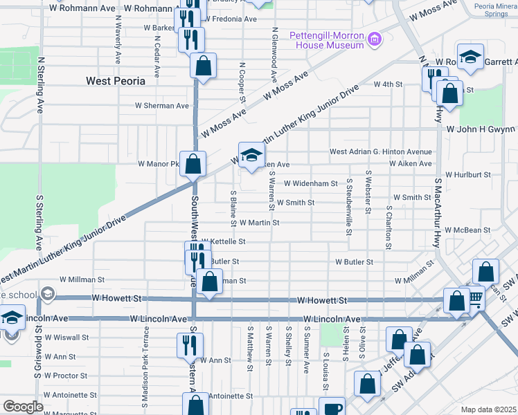map of restaurants, bars, coffee shops, grocery stores, and more near 1613 West Martin Street in Peoria