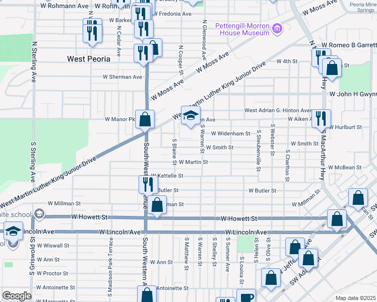 map of restaurants, bars, coffee shops, grocery stores, and more near 1613 West Martin Street in Peoria