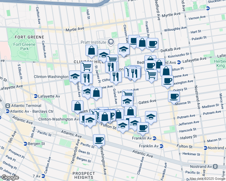 map of restaurants, bars, coffee shops, grocery stores, and more near 324 Grand Avenue in Brooklyn