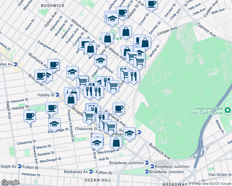 map of restaurants, bars, coffee shops, grocery stores, and more near in Brooklyn