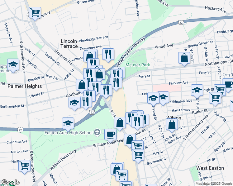 map of restaurants, bars, coffee shops, grocery stores, and more near 2498 Wood Avenue in Easton