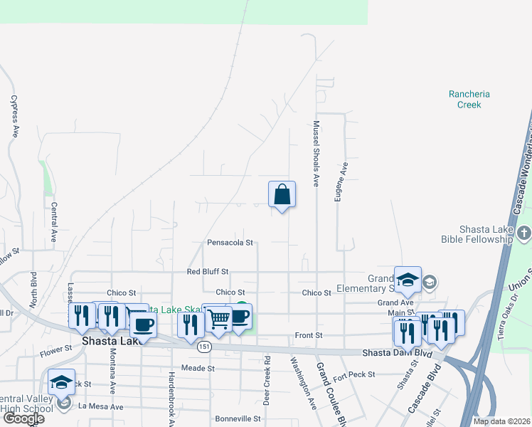 map of restaurants, bars, coffee shops, grocery stores, and more near 1136-1150 Washington Avenue in Shasta Lake