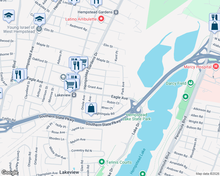 map of restaurants, bars, coffee shops, grocery stores, and more near 633 Eagle Avenue in West Hempstead