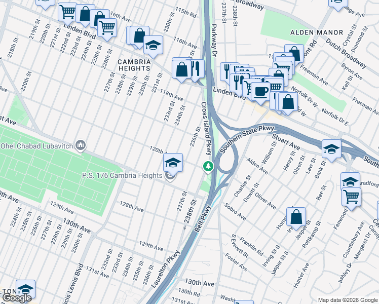 map of restaurants, bars, coffee shops, grocery stores, and more near 236-17 120th Avenue in Queens
