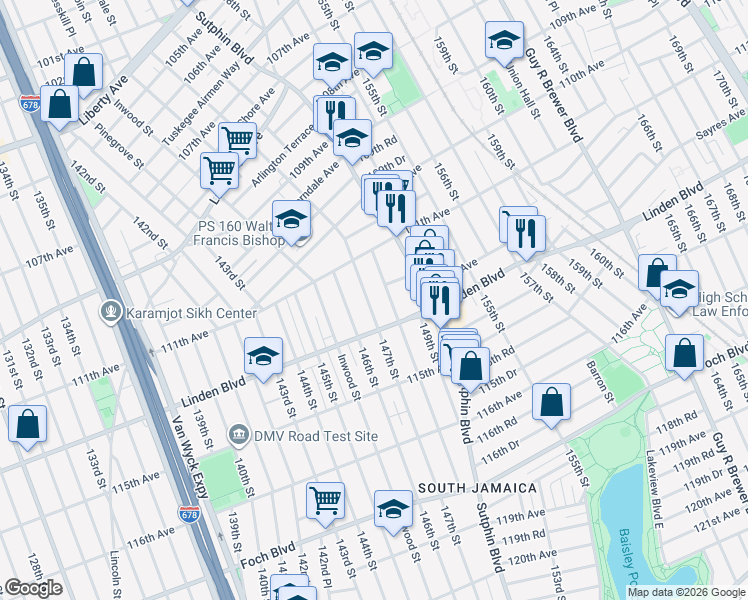 map of restaurants, bars, coffee shops, grocery stores, and more near 111-66 Liverpool Street in Queens