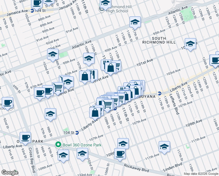 map of restaurants, bars, coffee shops, grocery stores, and more near 109-15 103rd Avenue in Queens