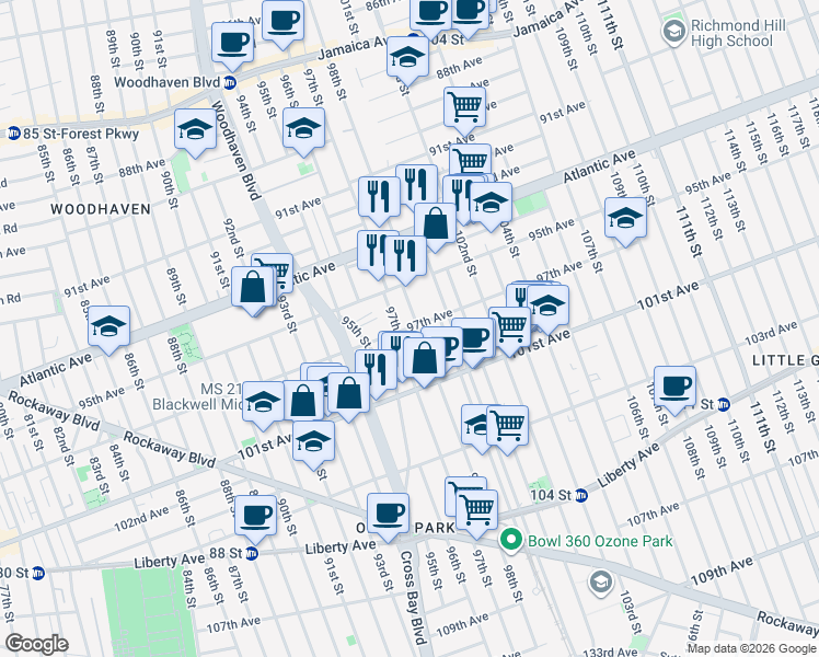 map of restaurants, bars, coffee shops, grocery stores, and more near 97-16 97th Street in Queens