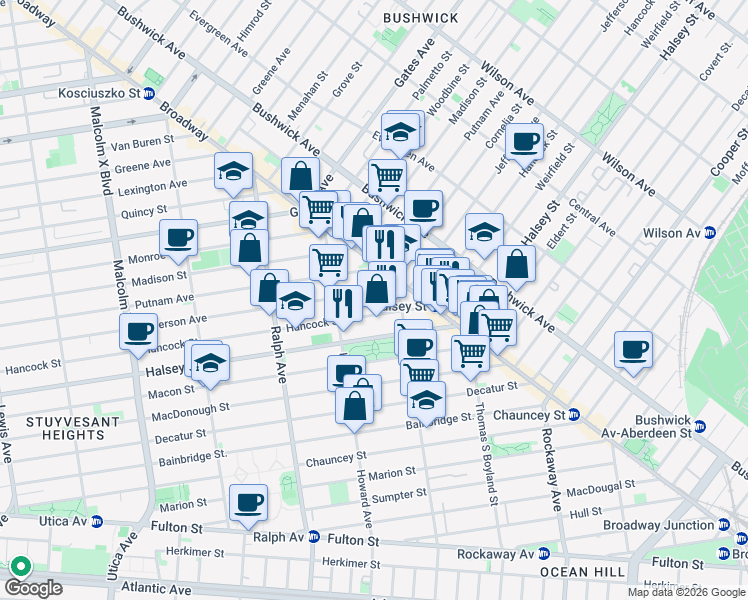 map of restaurants, bars, coffee shops, grocery stores, and more near 920 Hancock Street in Brooklyn