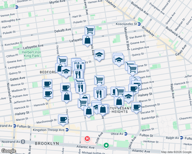 map of restaurants, bars, coffee shops, grocery stores, and more near 538 Madison Street in Brooklyn