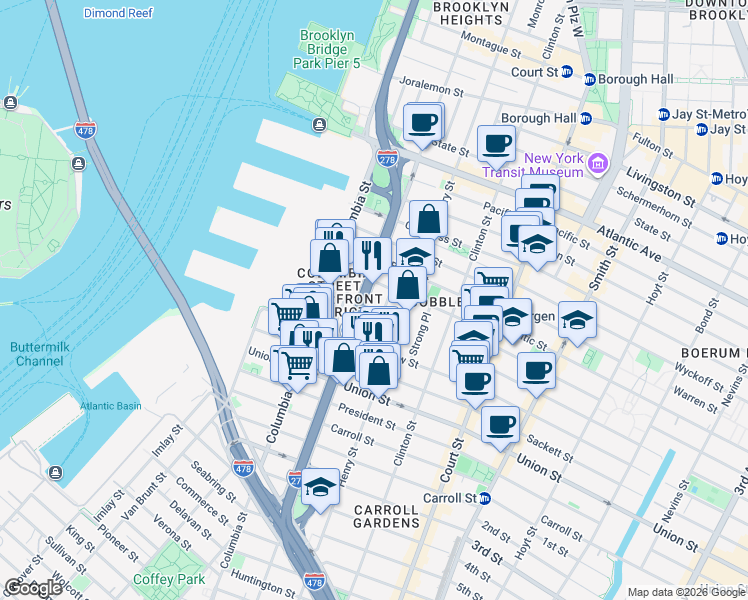 map of restaurants, bars, coffee shops, grocery stores, and more near 30 Cheever Place in Brooklyn