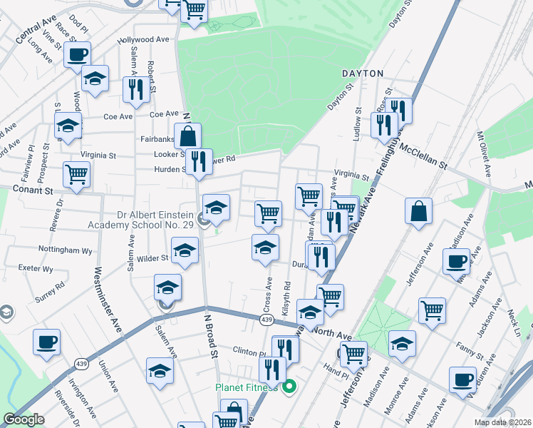 map of restaurants, bars, coffee shops, grocery stores, and more near 1350-1352 Alina Street in Elizabeth