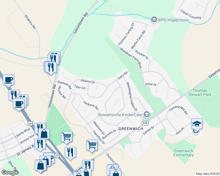 map of restaurants, bars, coffee shops, grocery stores, and more near 1148 Monroe Drive in Stewartsville