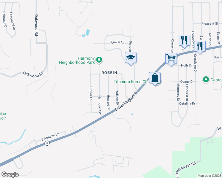map of restaurants, bars, coffee shops, grocery stores, and more near 200 Howard Street in East Peoria