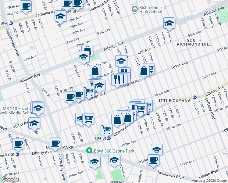 map of restaurants, bars, coffee shops, grocery stores, and more near 105-09 101st Road in Queens