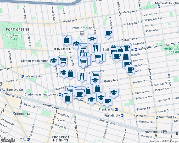 map of restaurants, bars, coffee shops, grocery stores, and more near 13 Lexington Avenue in Brooklyn