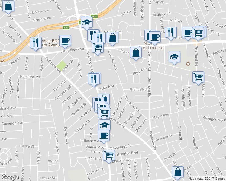 map of restaurants, bars, coffee shops, grocery stores, and more near 1383 Harding Street in North Bellmore