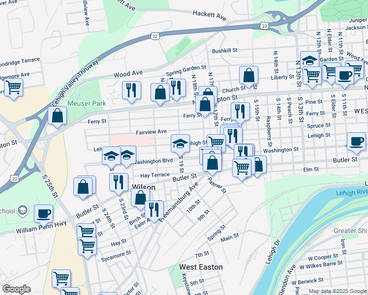 map of restaurants, bars, coffee shops, grocery stores, and more near 1848 Lehigh Street in Easton