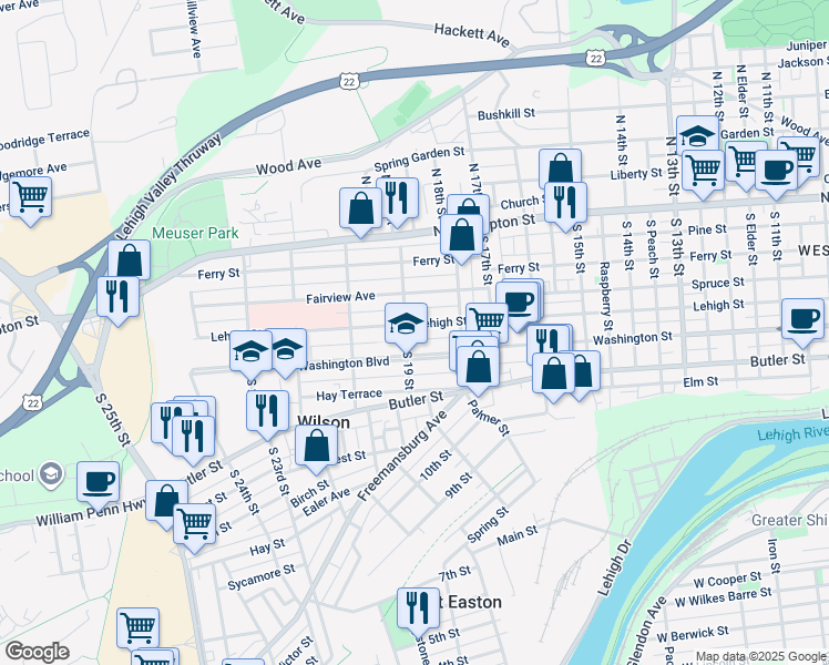 map of restaurants, bars, coffee shops, grocery stores, and more near 1848 Lehigh Street in Easton