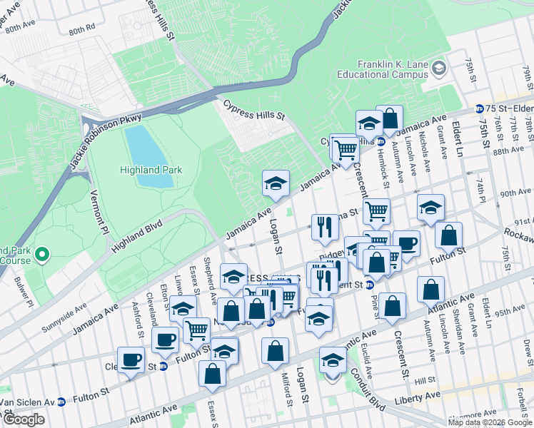map of restaurants, bars, coffee shops, grocery stores, and more near 28 Logan Street in Brooklyn