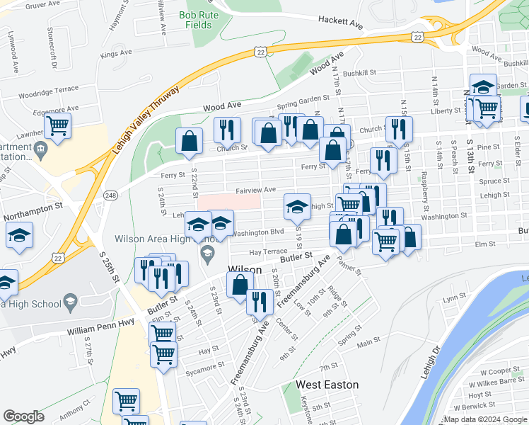 map of restaurants, bars, coffee shops, grocery stores, and more near 1952 Lehigh Street in Easton