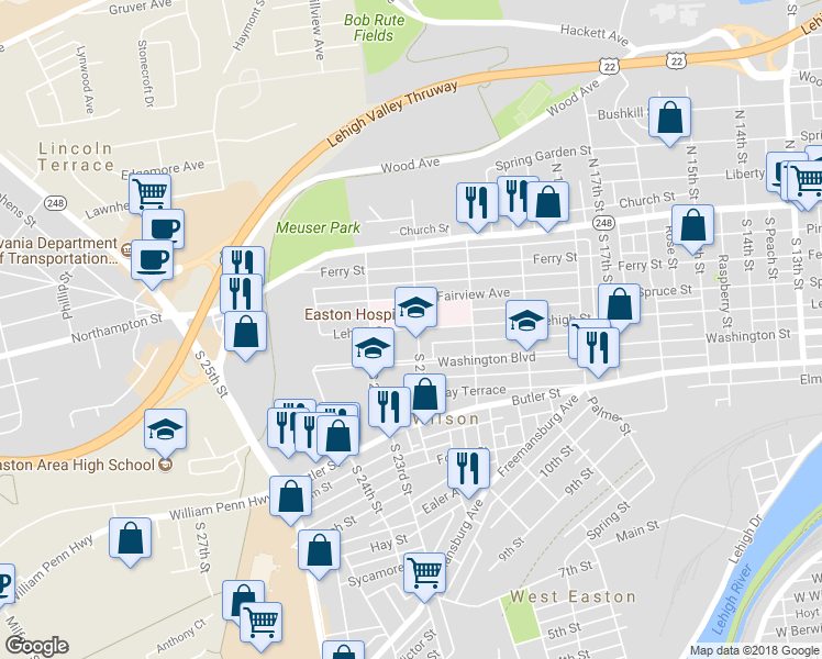 map of restaurants, bars, coffee shops, grocery stores, and more near 2106 Lehigh Street in Easton