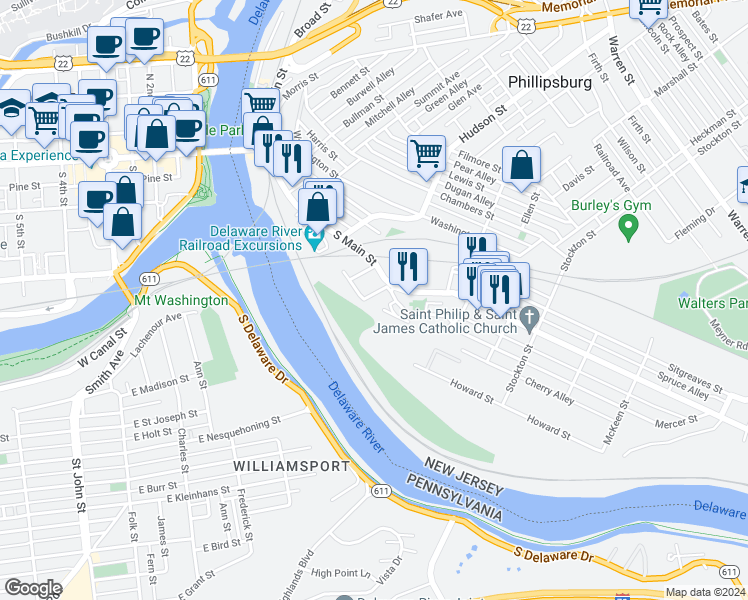 map of restaurants, bars, coffee shops, grocery stores, and more near 21 Reese Ct. in Phillipsburg