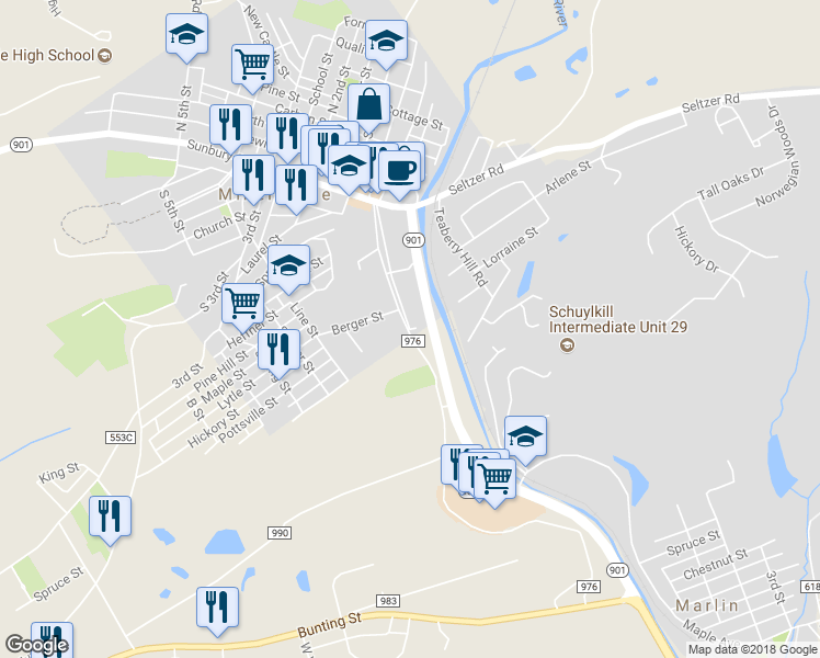 map of restaurants, bars, coffee shops, grocery stores, and more near 319 South Delaware Avenue in Minersville