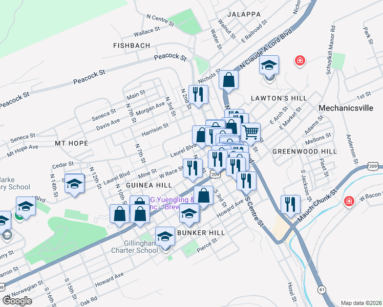 map of restaurants, bars, coffee shops, grocery stores, and more near 305 West Race Street in Pottsville
