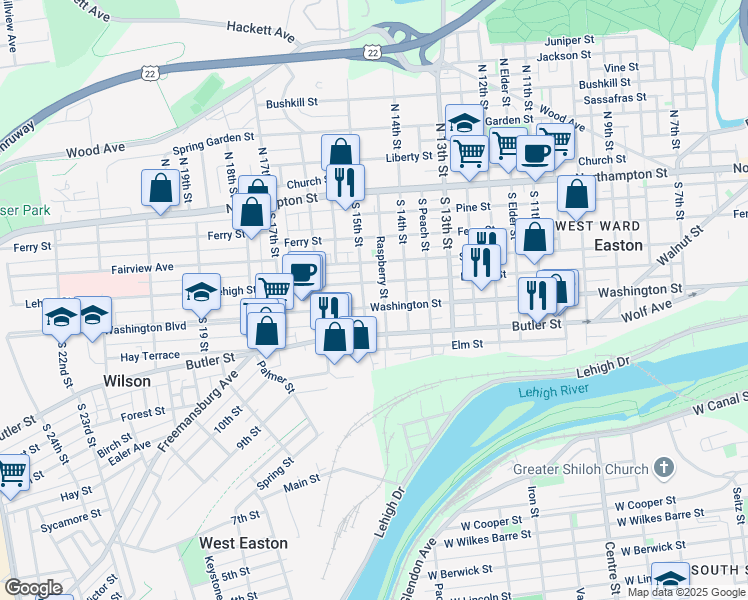 map of restaurants, bars, coffee shops, grocery stores, and more near 1453 Washington Street in Easton