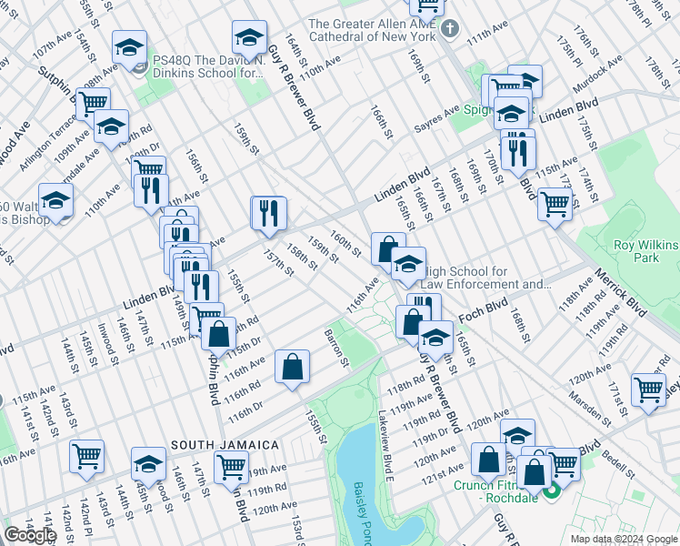 map of restaurants, bars, coffee shops, grocery stores, and more near 115-20 159th Street in Queens