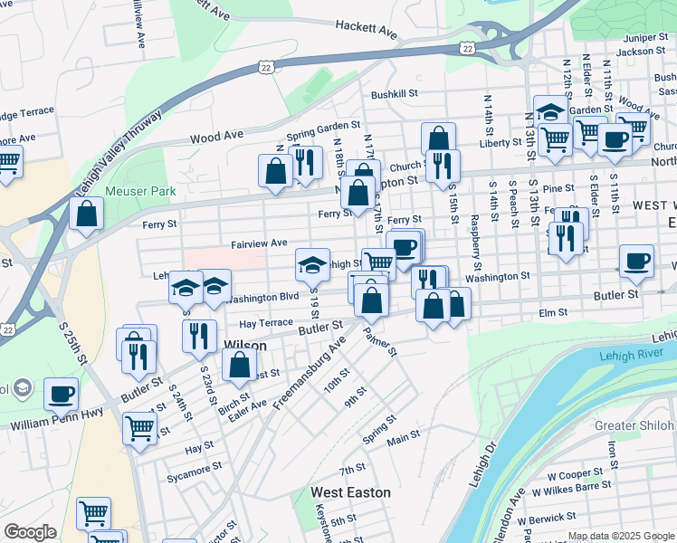 map of restaurants, bars, coffee shops, grocery stores, and more near 1822 Lehigh Street in Easton