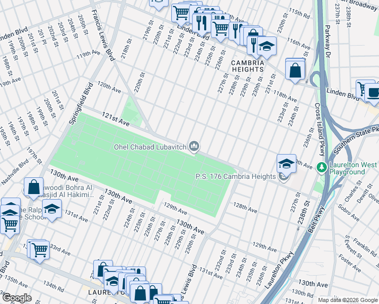 map of restaurants, bars, coffee shops, grocery stores, and more near 226-10 Francis Lewis Boulevard in Queens